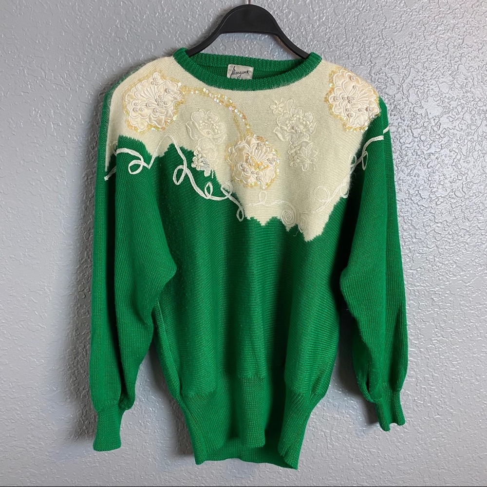 Vintage Green and Cream Women's Sweater